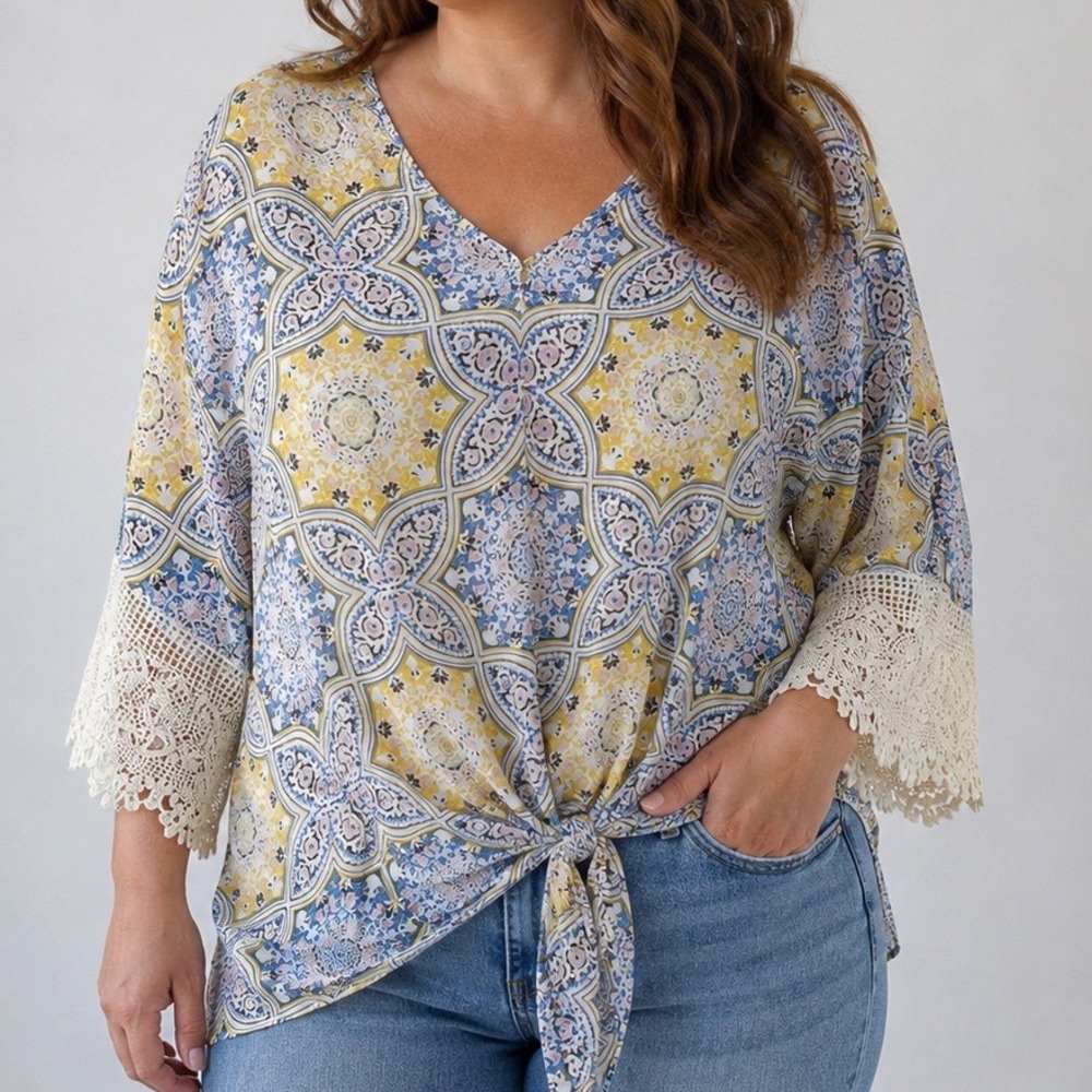 Westport 2X NWT Boho Tile Print Tunic Blouse Lace Bell Sleeve Layered Tank
